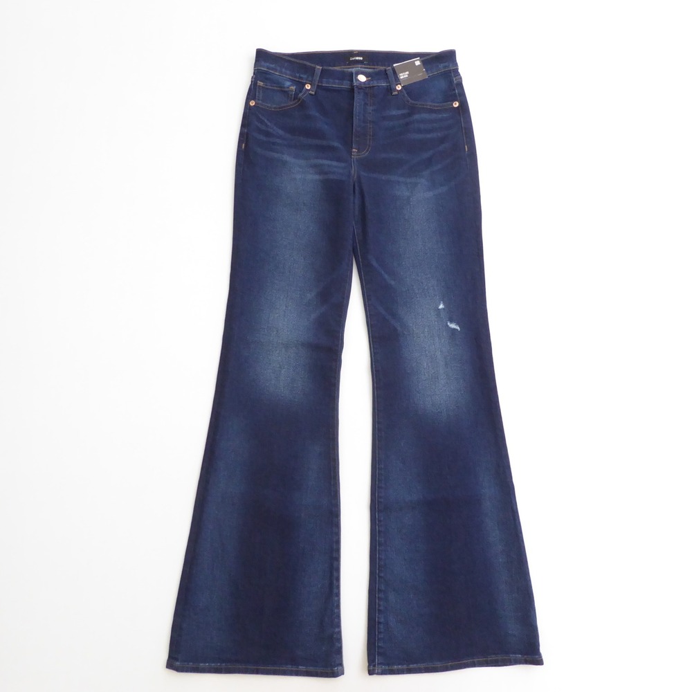 Express Womens 70s Flare Jeans Dark Wash Mid Rise Distressed 8R